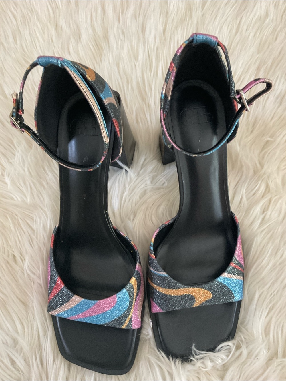 Gianni Bini Women's Role Model Glitter Open Toe Mod Swirl Block Heels Size 9.5